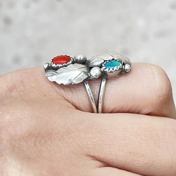 Vintage Navajo Sterling Silver Turquoise & Coral Leaf Ring 5.5 - Picture 5 of 5